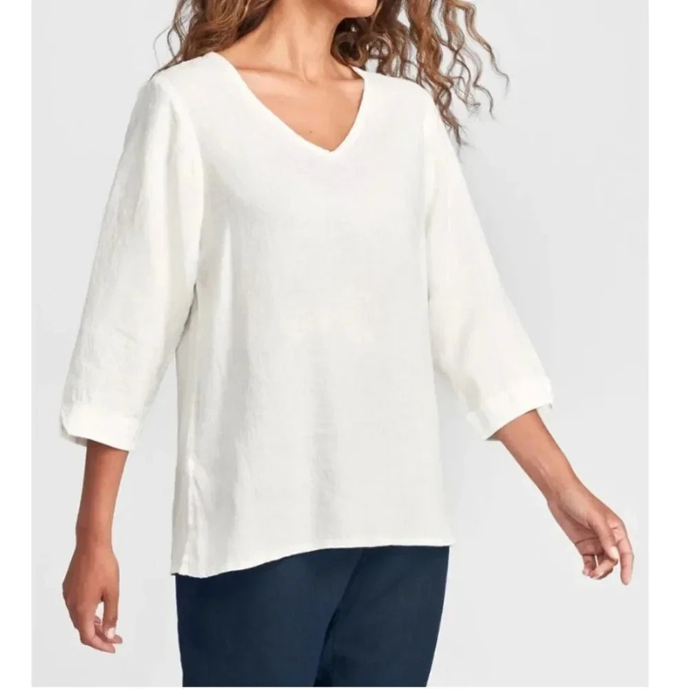 Flax V Pullover Linen Shirt in White Size XS
